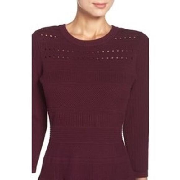 Eliza J Women's Wine Sweater Dress With Cutwork 3/4 Sleeve Fit & Flare Size L - Picture 11 of 13